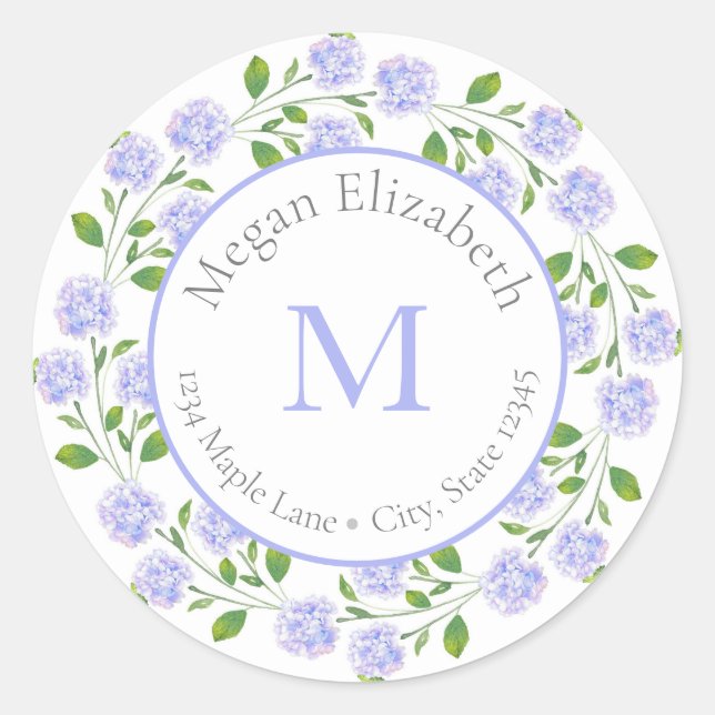 Drei-Wasserfarben-Hydrangeas-Blumenbeschriftungen Runder Aufkleber (Vorderseite)