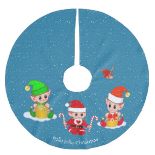 Drei Weihnachtselfen auf Sapphire Blue Polyester Weihnachtsbaumdecke