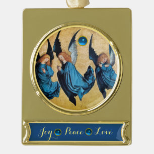 DREI WEIHNACHTSENGLIN IN BLAU /Freude Frieden Lieb Banner-Ornament Gold