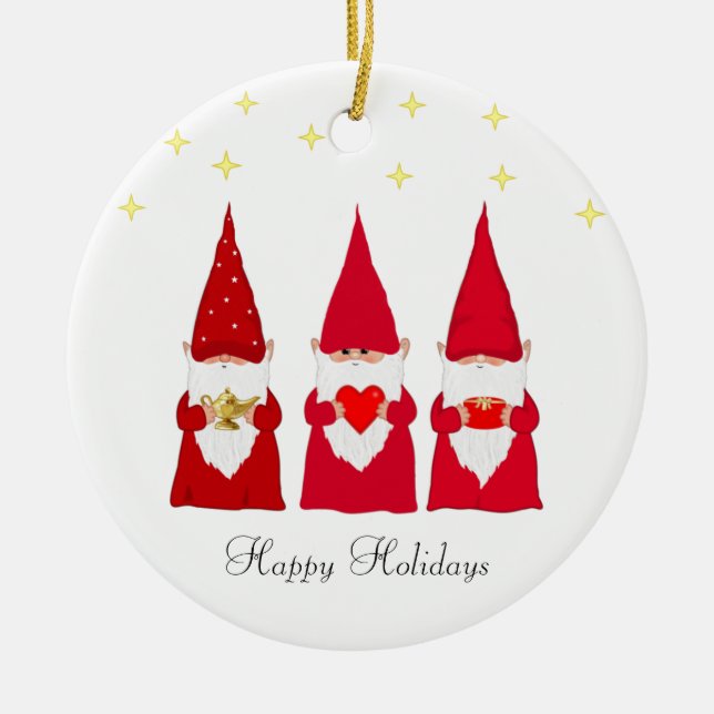 Drei Weihnachtsgnomen & Sterne Keramik Ornament (Vorne)