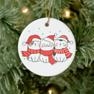Drei Weihnachtskatzen in Hats und Skarabäen Keramik Ornament