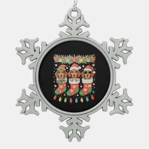 Drei Weihnachtsmann-Elfen-Dachshunde-Weihnachts-So Schneeflocken Zinn-Ornament