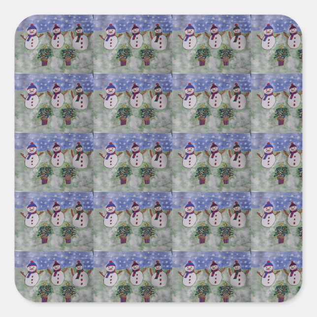 Drei Weihnachtsschneemänner Quadratischer Aufkleber (Vorderseite)