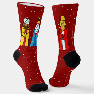 Drei Weisen & Schneeflocken auf Rot Socken