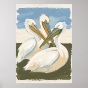 Drei weiße Pelikane Küsten-Volks-Kunst Poster