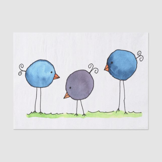 Drei Whimsikfarbene Vögel Seidenpapier (Vorderseite)