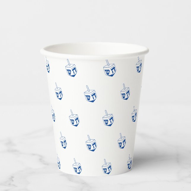 Dreidel-blaues weißes Muster Hanukkah Pappbecher (Vorderseite)