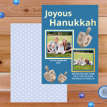 Dreidel Rustic Oak Blue 2 Foto Joyous Hanukkah Folien Feiertagskarte<br><div class="desc">Diese personalisierten Hanukkah-Karten sind speziell mit zwei Ihrer Lieblings-Fotos und echter Goldfolie-Druck gemacht. Der schlichte, dunkelblaue Hintergrund Set den Ton für zwei Ihrer Bilder, die in groben Streifen echter Goldfolie gerahmt sind, mit drei Imitaten im Eichenholzstil dreidimensional dreidimensionale, oben und unten verstreute, um das Design auszugleichen. JOYOUS HANUKKAH in einfachen,...</div>