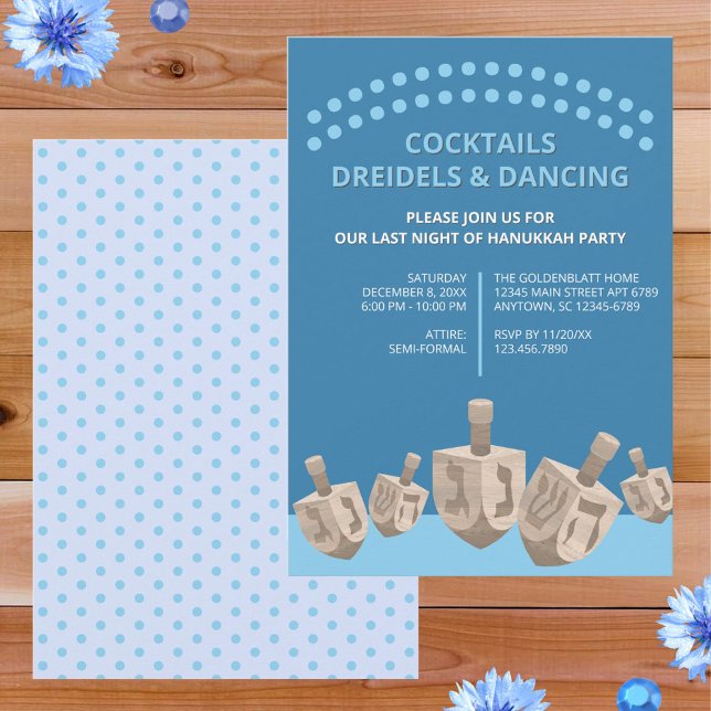 Dreidel Rustic Oak Niedlich Hanukkah Dinner Party Einladung (So easy to personalize, these dreidel Hanukkah party invitations will announce your event in style)