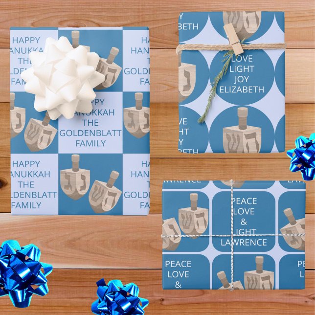 Dreidel Rustikale Eiche Niedliche Hanukkah Kids Na Geschenkpapier Set (Add separate names, or one name to all 3 designs, for one of a kind personalized Hanukkah gift wrap)