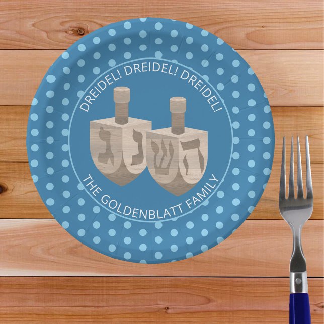 Dreidel-Rustikales Eak Niedlich Polka Dot Hanukkah Pappteller (Fun dreidel and polka dots Hanukkah paper plates will make clean up a breeze for your parties)