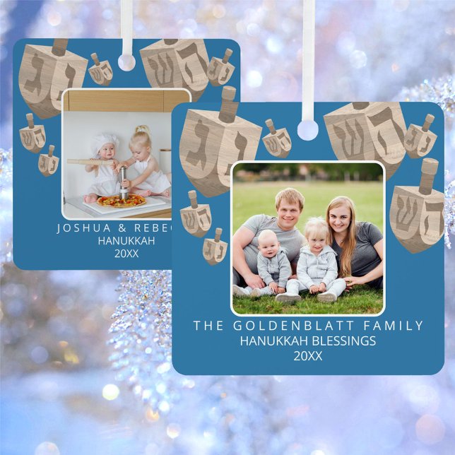 Dreidel Rustikales Eichenholz 2 Foto Doppelseitige Ornament Aus Metall (Personalize these Hanukkah photo ornaments the same on both sides or use the two photo & text option)