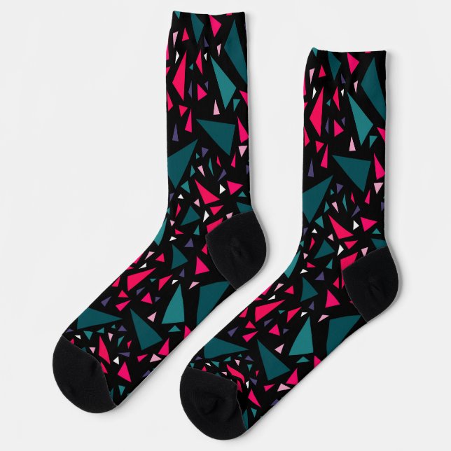 Dreiecke blaue Scharffarben auf schwarzem Hintergr Socken (Linkes Detail)