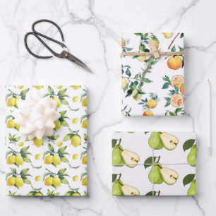 Dreierpapier für Zitronenfrüchte Orangen Birnen Geschenkpapier Set