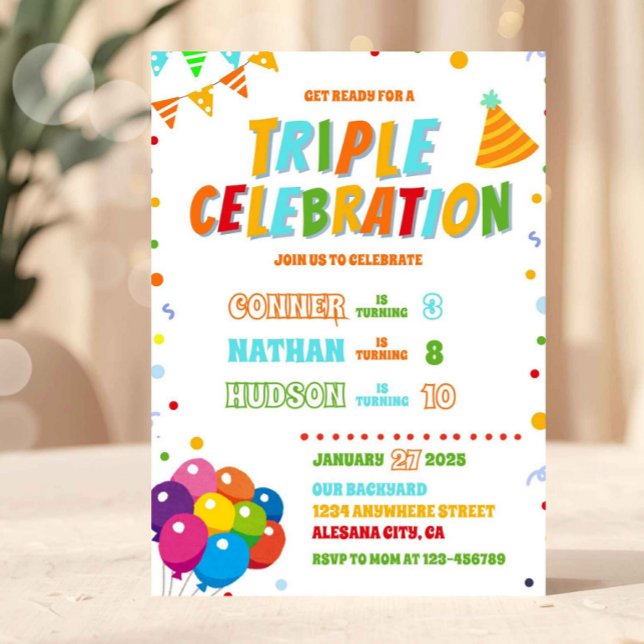 Dreifach Geburtstag Einladung Geschwister Gemeinsa (Triple Birthday Invitation Sibling Joint Party)