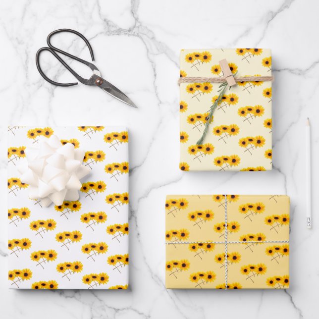 Dreifach-Sonnenblumenmuster über weißes Gelborn Geschenkpapier Set (Vorderseite)