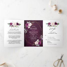 Dreifache Hochzeit von Navy White Ivory Geometric Dreifach-gefaltete Programmkarte