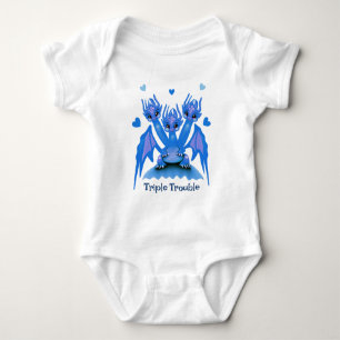 Dreifaches Ärger Süßer blauer dreiköpfiger Drache Baby Strampler