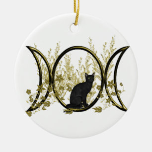 Dreifaches Mond-Symbol - schwarze Katze Keramik Ornament