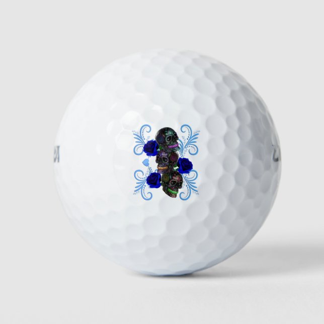 Dreifachschwarzer Tag der Toten Schädel Blaue Rose Golfball (Vorderseite)