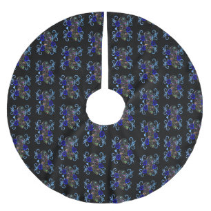 Dreifachschwarzer Tag der Toten Schädel Blaue Rose Polyester Weihnachtsbaumdecke