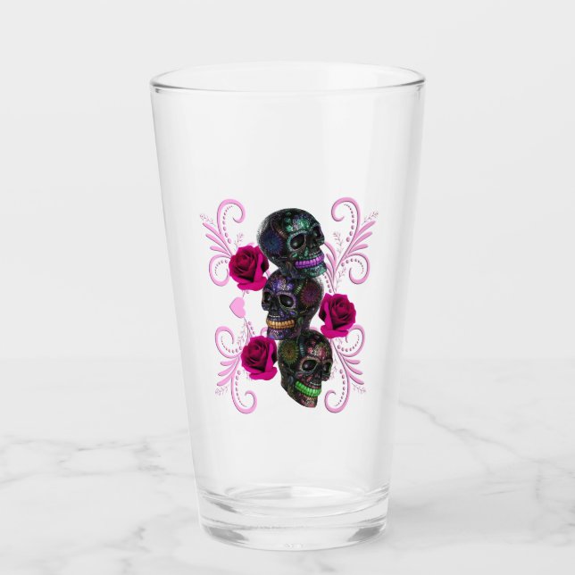 Dreifachschwarzer Tag der Toten Schädel Rosenstein Glas (Vorderseite)