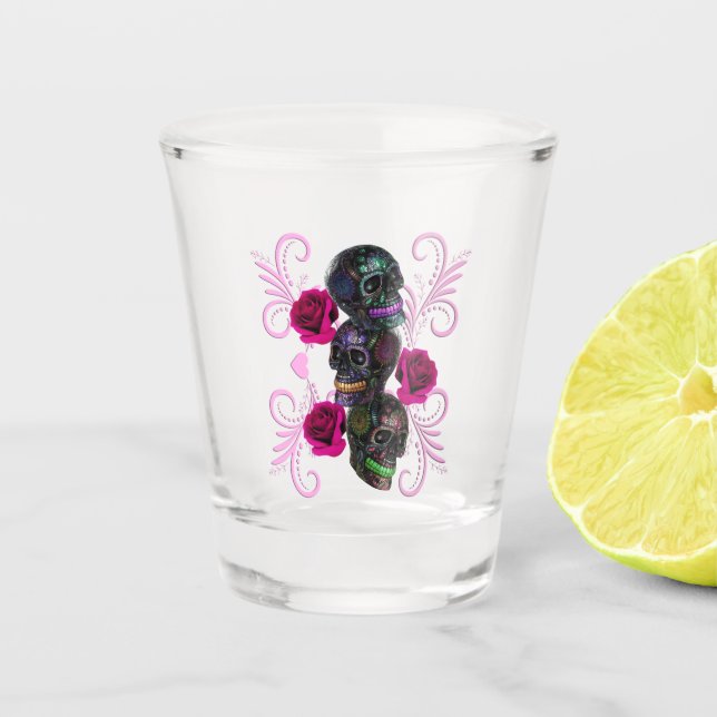 Dreifachschwarzer Tag der Toten Schädel Rosenstein Schnapsglas (Vorderseite)