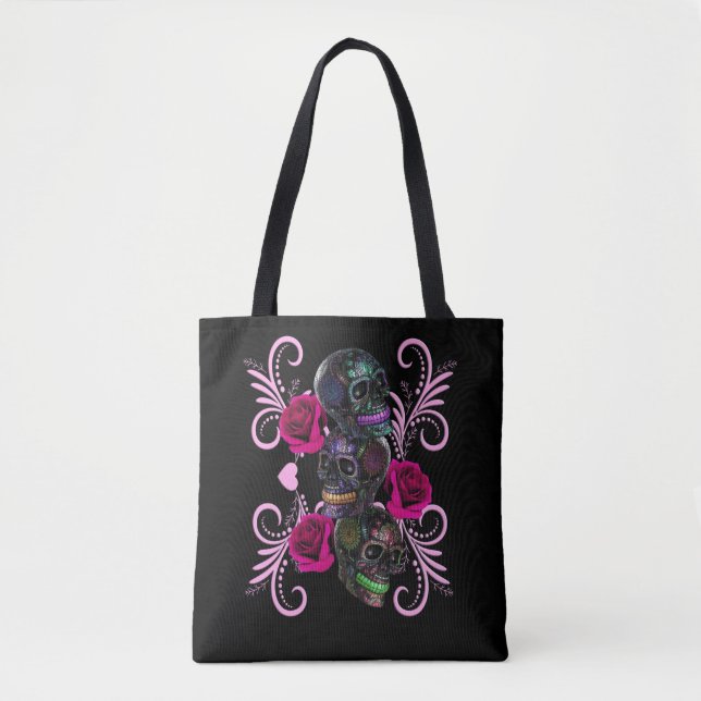 Dreifachschwarzer Tag der Toten Schädel Rosenstein Tasche (Vorderseite)