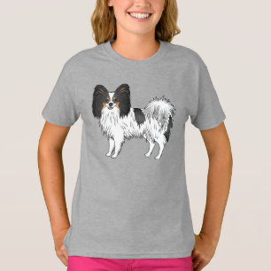 Dreifarben-Schmetterlingshund-Cartoon mit einem Lä T-Shirt