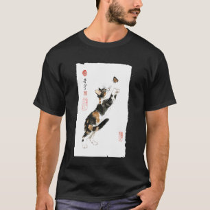 Dreifarbenkatze und Schmetterling japanische Vinta T-Shirt