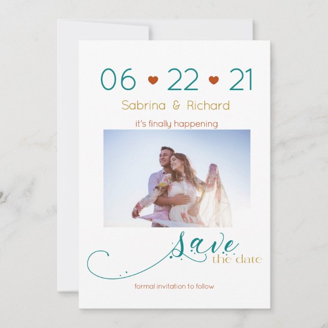 Dreifarbige BOHO Minimal Rost Aquamarin Gold Savet Save The Date (Vorderseite)