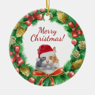 Dreifarbige Hauskatze Frohe Weihnachten Keramik Ornament