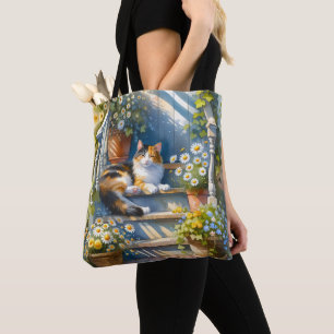 Dreifarbige Katze auf einer Blumenveranda Cottagec Tasche
