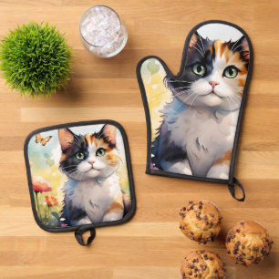 Dreifarbige Katze im Frühlingsgarten mit Schmetter Ofenhandschuh & Topflappen-Set