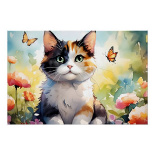 Dreifarbige Katze im Frühlingsgarten mit Schmetter Poster
