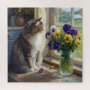 Dreifarbige Katze mit Stiefmütterchen-Sträußchen a