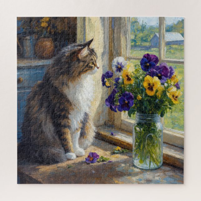 Dreifarbige Katze mit Stiefmütterchen-Sträußchen a (Vertikal)