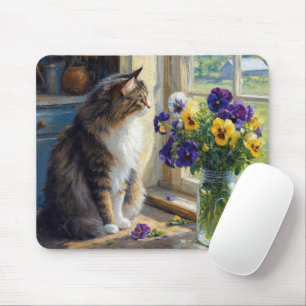 Dreifarbige Katze mit Stiefmütterchen-Sträußchen a Mousepad