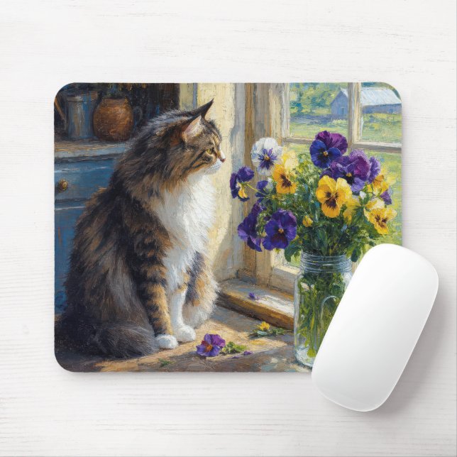 Dreifarbige Katze mit Stiefmütterchen-Sträußchen a Mousepad (Mit Mouse)