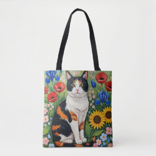 Dreifarbige Katze und volkstümliche Sonnenblumen Tasche