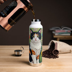 Dreifarbige Katze und volkstümliche Sonnenblumen Trinkflasche