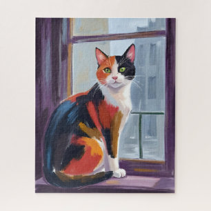 Dreifarbige Katze Wasserfarben-Fensterbank-Haust