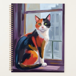 Dreifarbige Katze | Wasserfarben-Fensterbank-Haust Planer