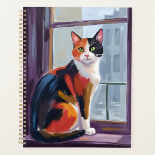 Dreifarbige Katze   Wasserfarben-Fensterbank-Haust Planer