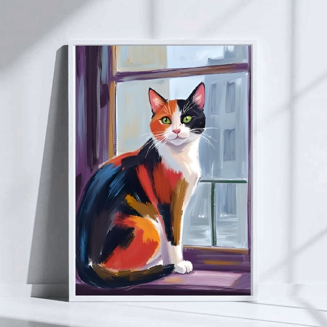 Dreifarbige Katze | Wasserfarben-Fensterbank-Haust Poster (Von Creator hochgeladen)