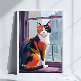 Dreifarbige Katze | Wasserfarben-Fensterbank-Tierk Poster