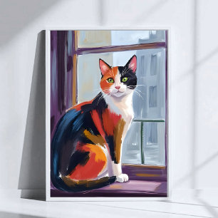 Dreifarbige Katze   Wasserfarben-Fensterbank-Tierk Poster