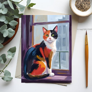 Dreifarbige Katze   Wasserfarben-Katze auf dem Fen Postkarte