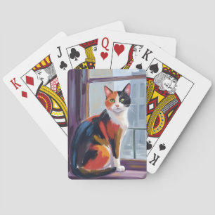 Dreifarbige Katze Wasserfarben-Katze auf dem Fen Spielkarten