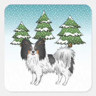 Dreifarbiger Papillon Süßer Hund in einem Winterwa Quadratischer Aufkleber